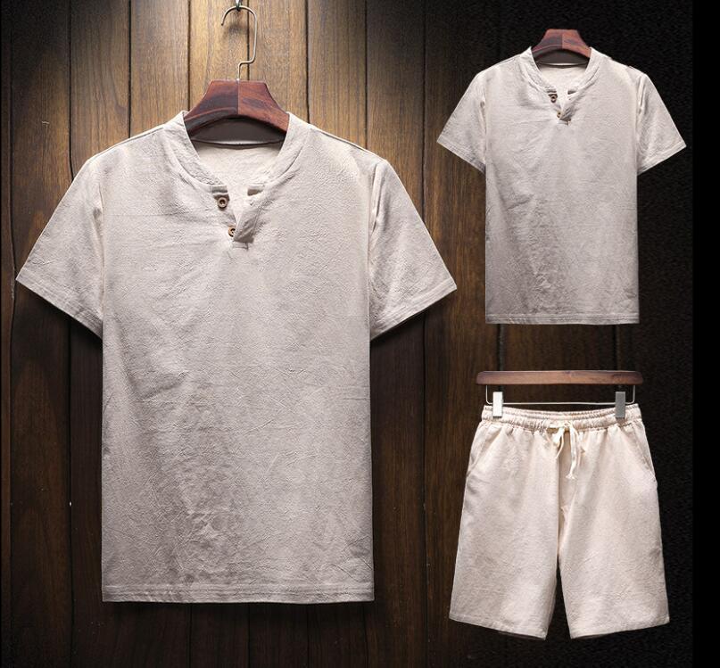 Conjunto Masculino Shorts e Camiseta Plus Size em Linho
