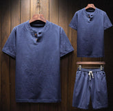 Conjunto Masculino Shorts e Camiseta Plus Size em Linho