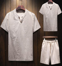 Conjunto Masculino Shorts e Camiseta Plus Size em Linho