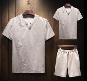 Conjunto Masculino Shorts e Camiseta Plus Size em Linho